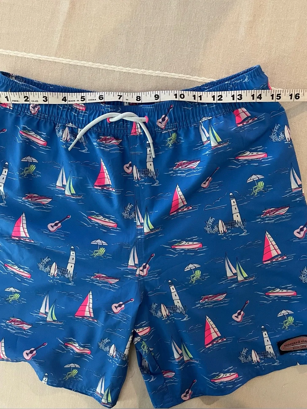 Vineyard Vines Swim Trunks Blue Coastal Nautical Print Boys - XL